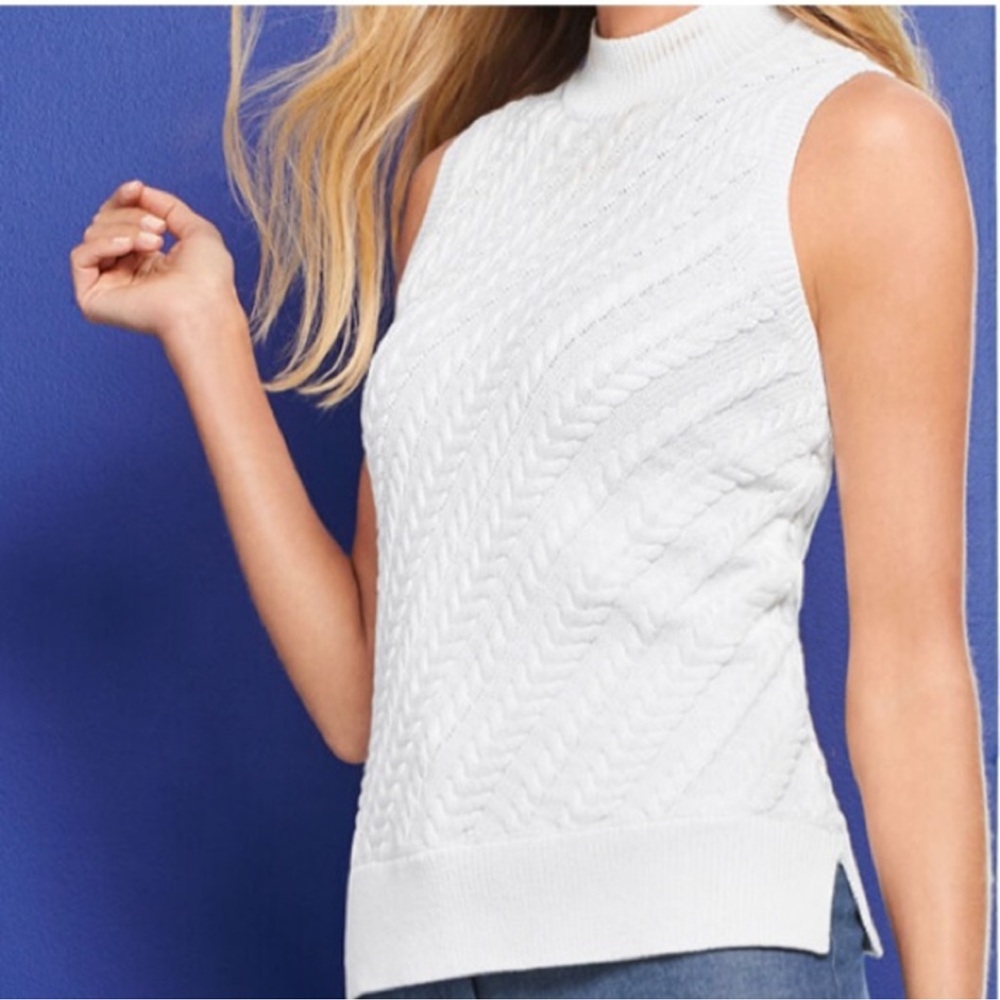 Talbots Plus Size White Sweater Tank Top Mock Neck Cable Knit